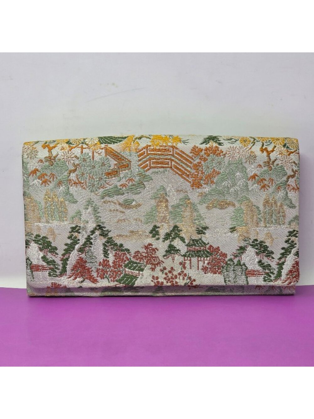 Vintage M. Yamamoto & Co Brocade Clutch Purse Scenic Embroidery Gold Green & Red